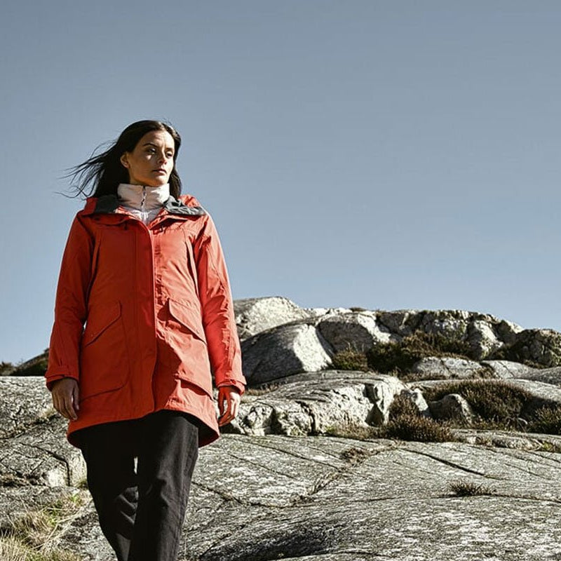 Woman wearing a Didriksons winter waterproof jacket on a walk