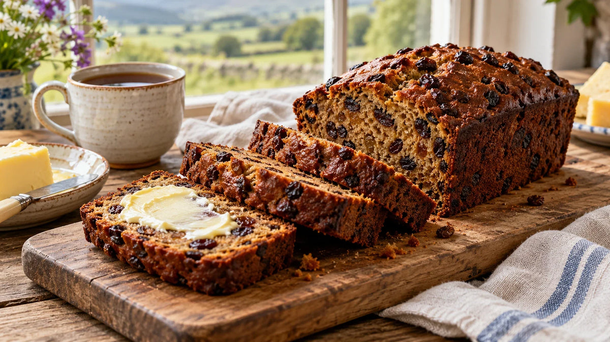 Sliced bara brith tea loaf filled with dried fruit, served with salted butter and tea.
