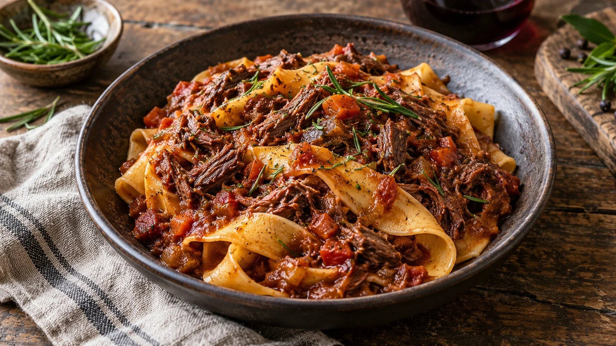 Pappardelle topped with shredded venison and tomato ragu, served without cheese or cream.
