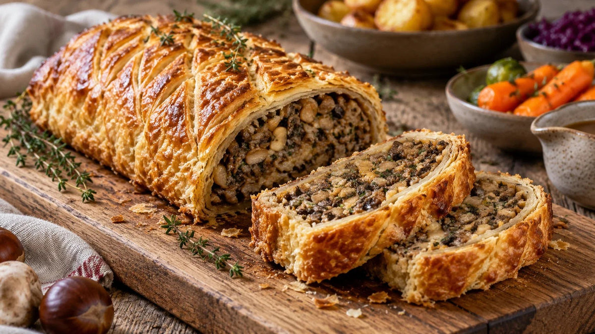 Golden puff pastry mushroom Wellington sliced to reveal a mushroom and chestnut filling.