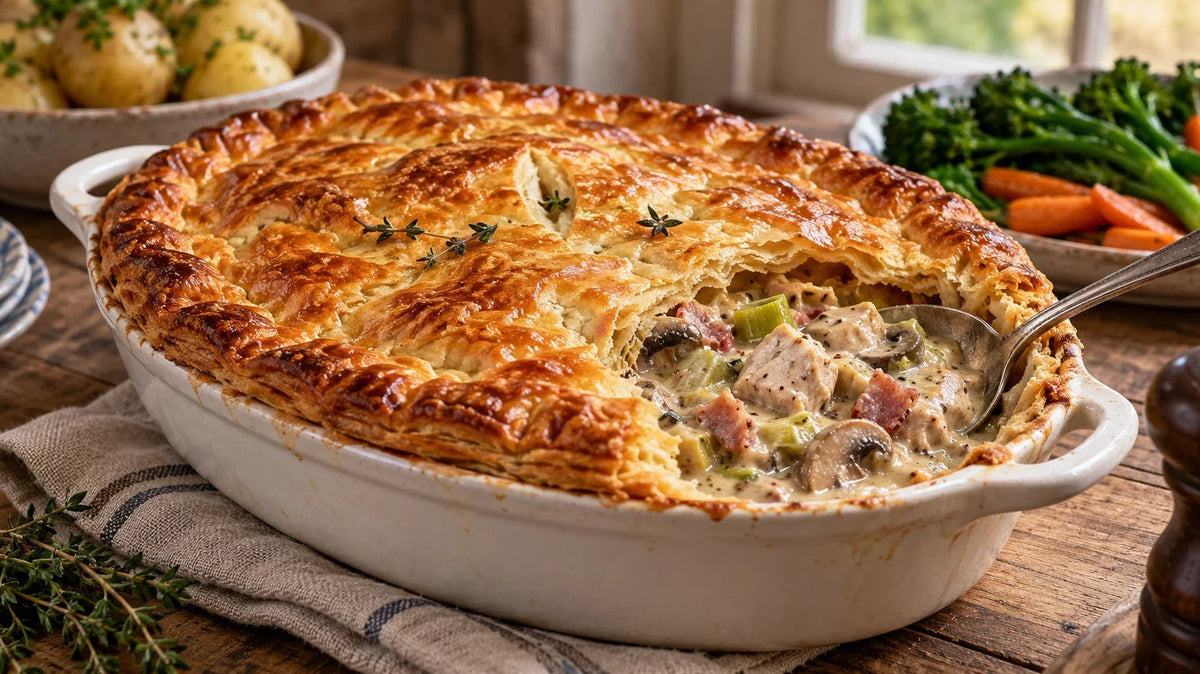 Puff pastry pheasant pie with a creamy leek, bacon and mushroom filling.