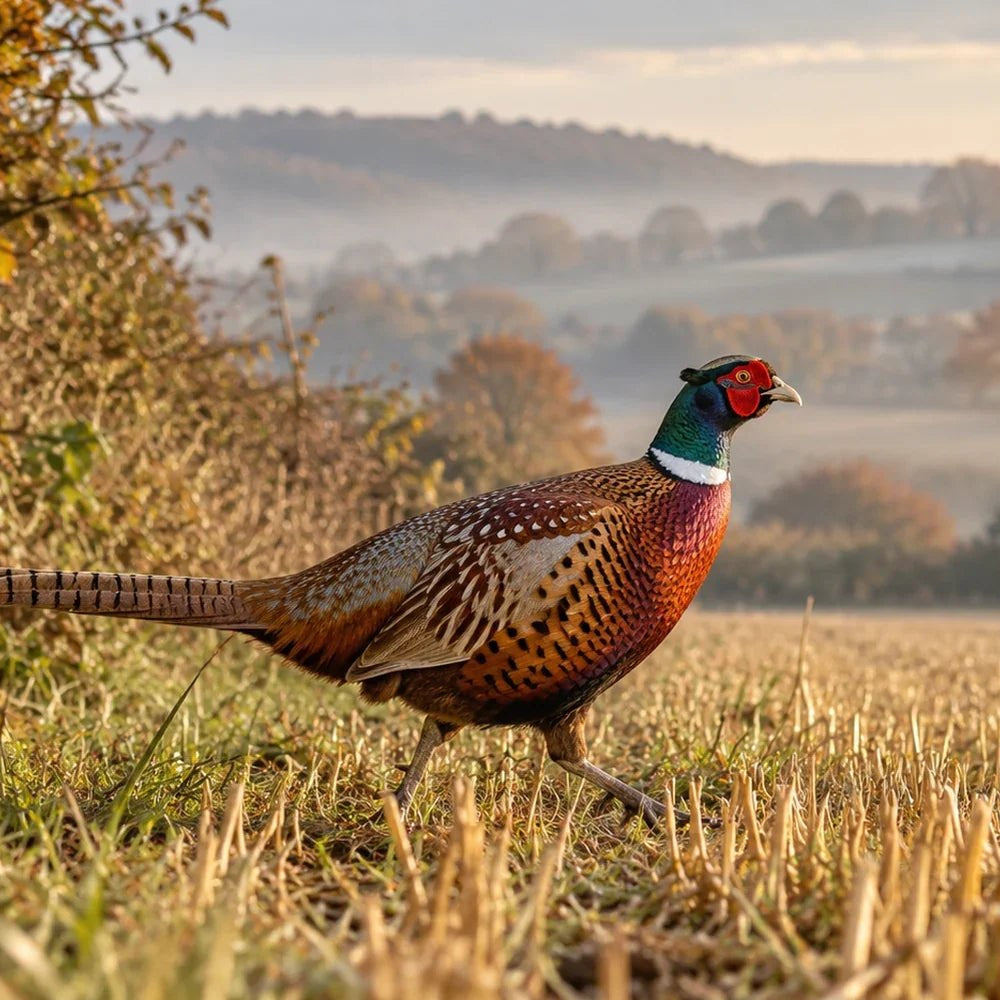 Male ring-necked pheasant walking beside an autumn stubble field and hedgerow.