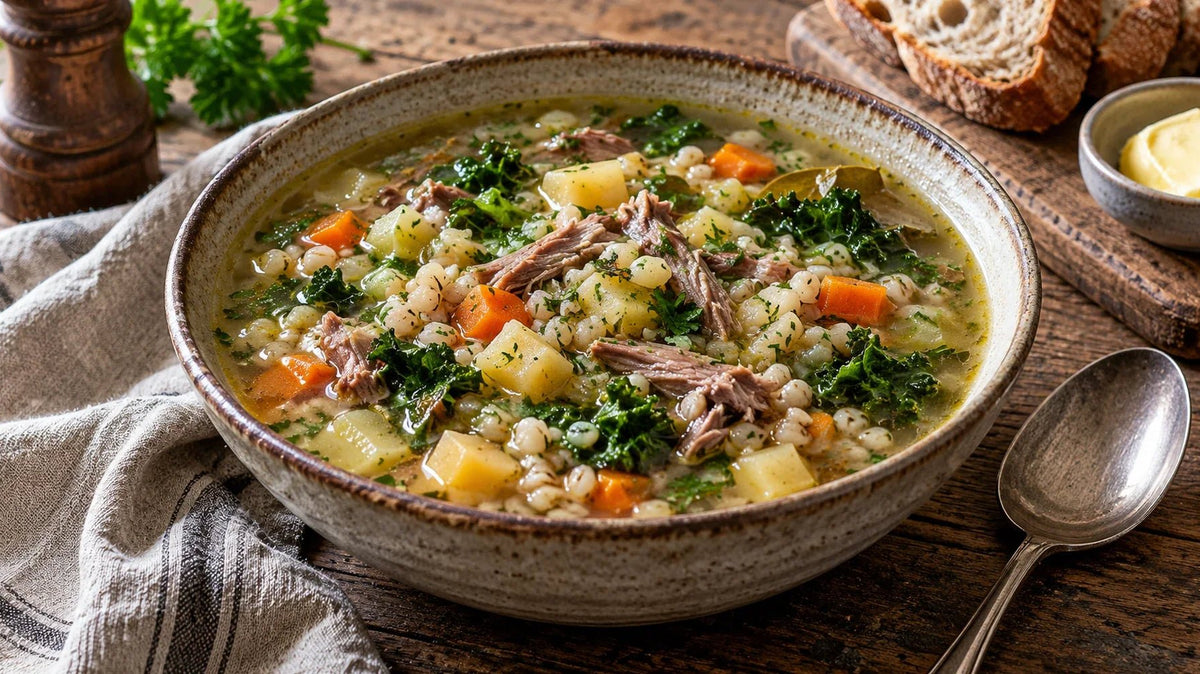 Scotch broth with shredded lamb, pearl barley, root vegetables and leafy greens.