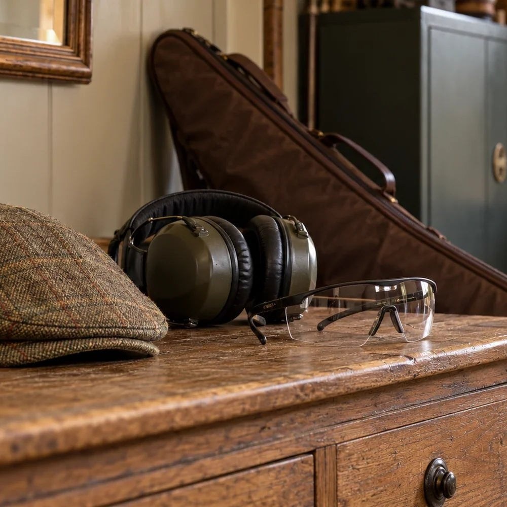 Tweed cap, ear defenders and shooting glasses on a wooden sideboard in a country boot room.