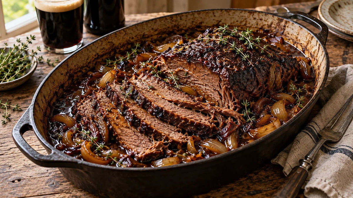 Sliced slow-cooked beef brisket in rich onion gravy with thyme in a rustic roasting dish.
