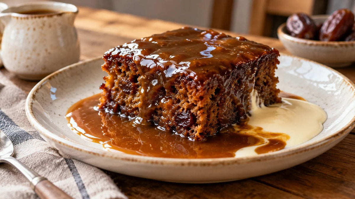 Moist date sponge sticky toffee pudding covered with glossy toffee sauce and cream.