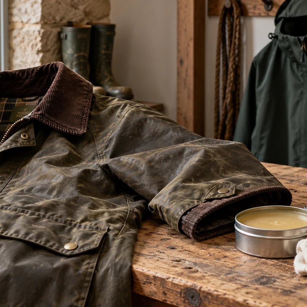 Olive wax jacket on a wooden table beside wax dressing and a cloth, with a waterproof jacket hanging behind.