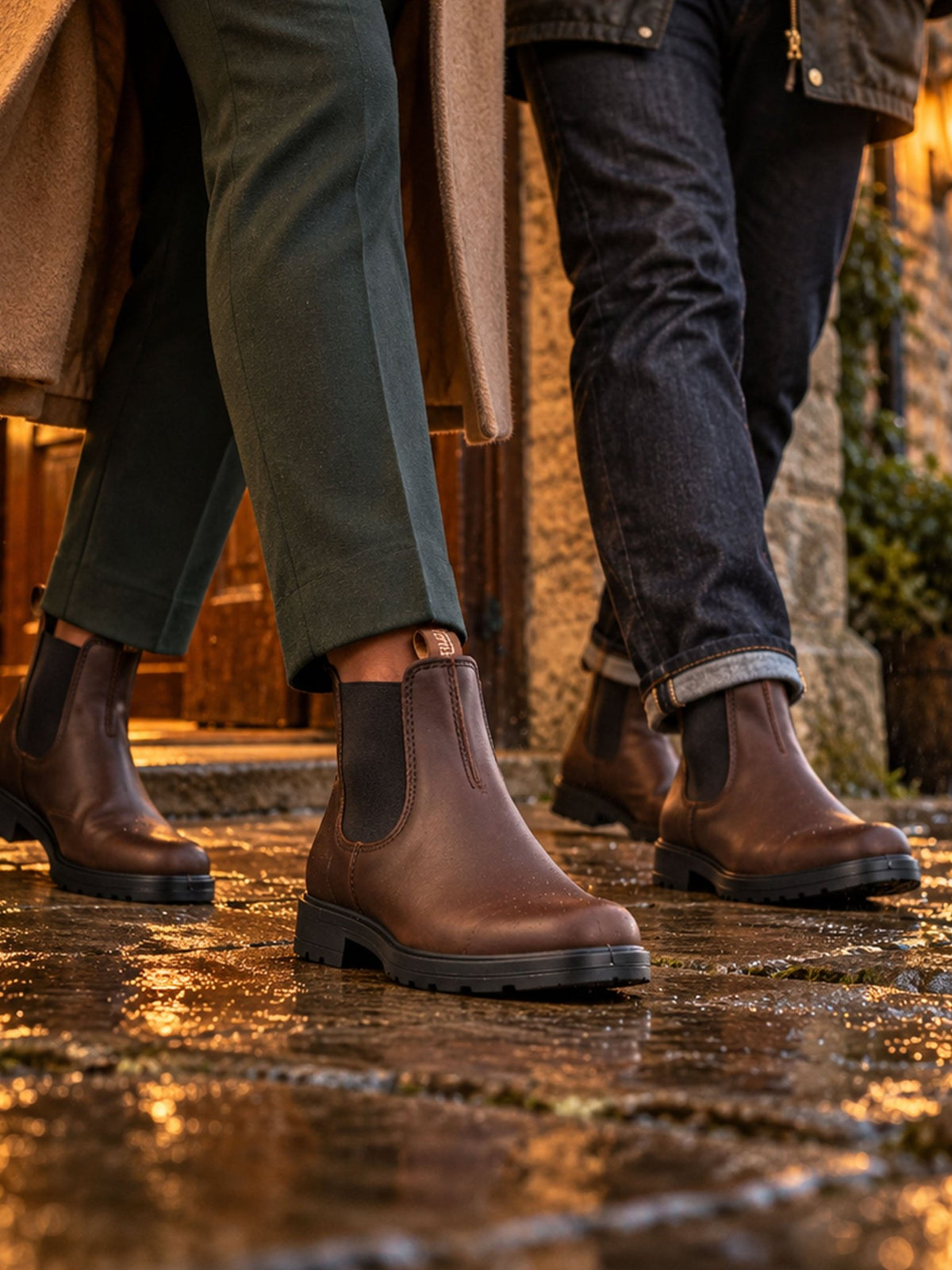 Blundstone 2340 brown oiled nubuck Chelsea boots worn on a wet cobbled path