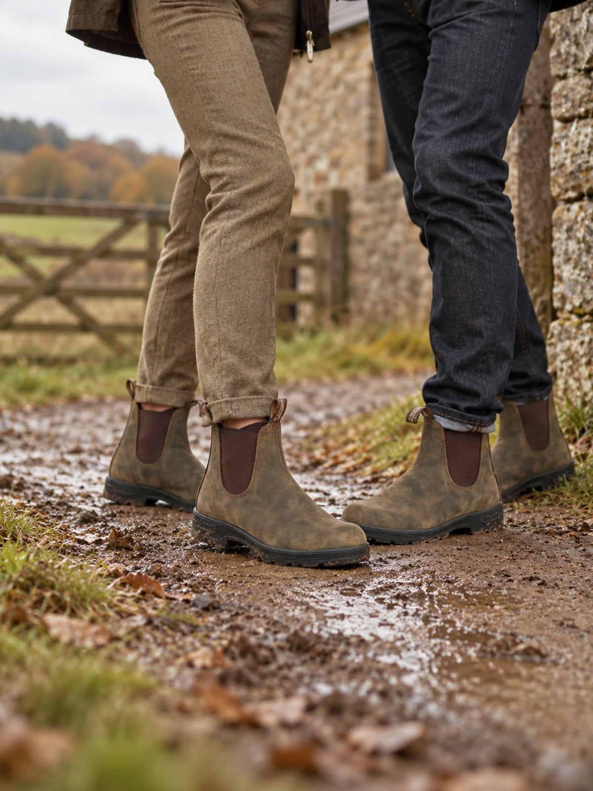 Blundstone 585 rustic brown Chelsea boots worn on a muddy country walk