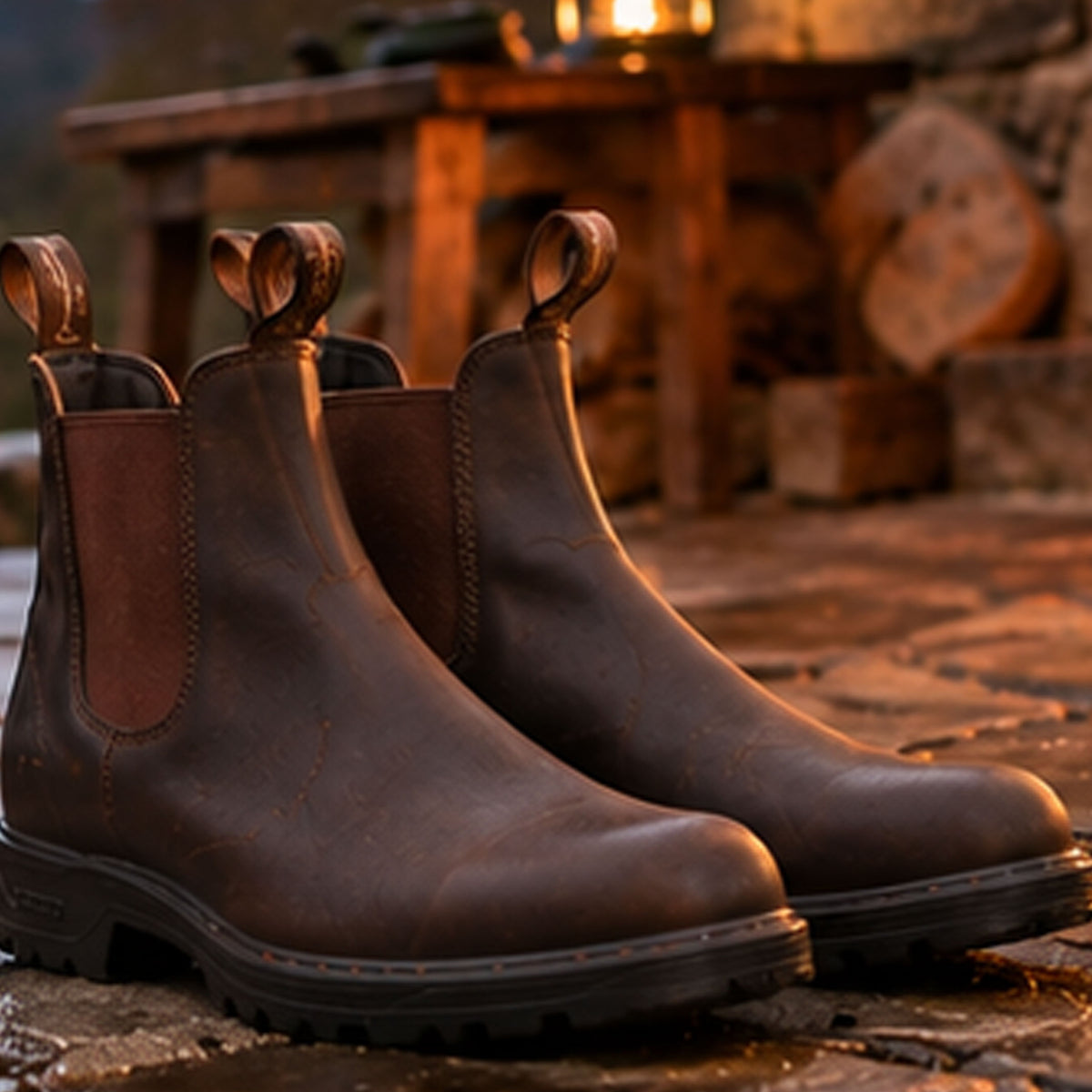 Pair of brown Blundstone Chelsea boots on a stone floor beside a lantern at dusk