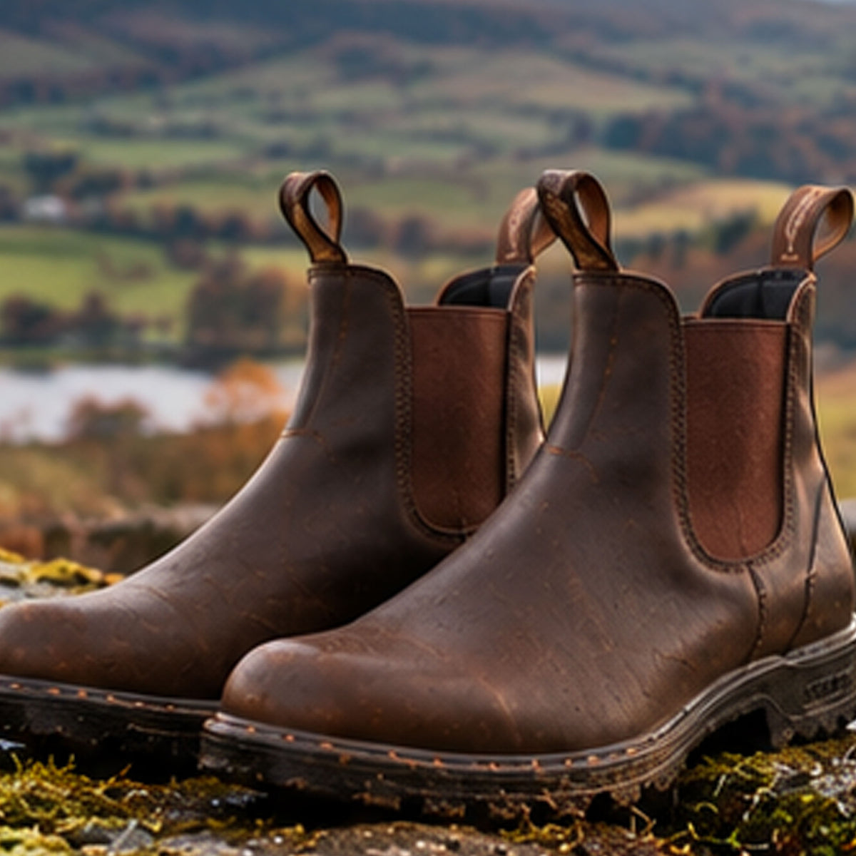 Brown leather Blundstone Chelsea boots on a mossy rock with countryside hills behind