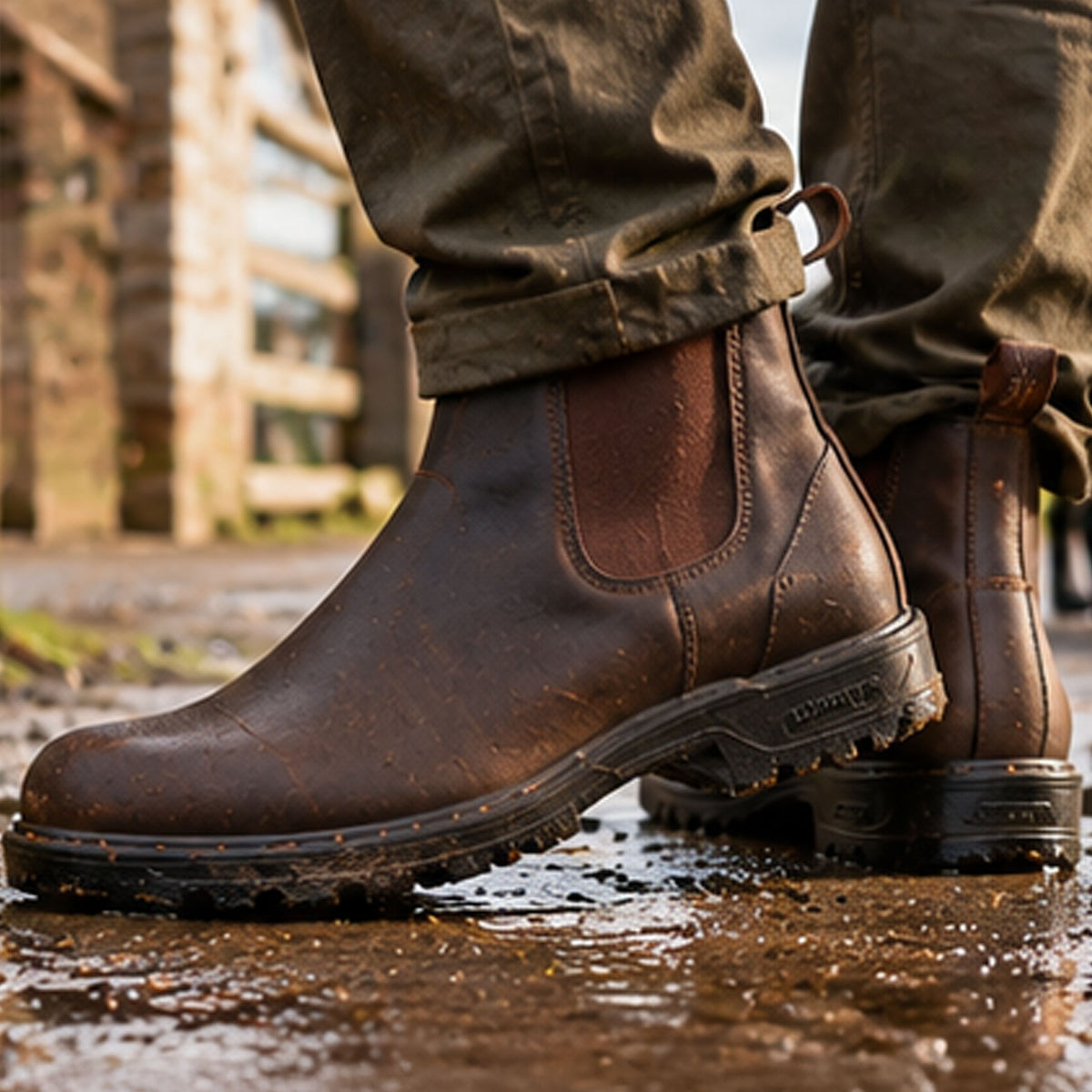 Brown Blundstone Chelsea boot worn with green trousers on a wet street