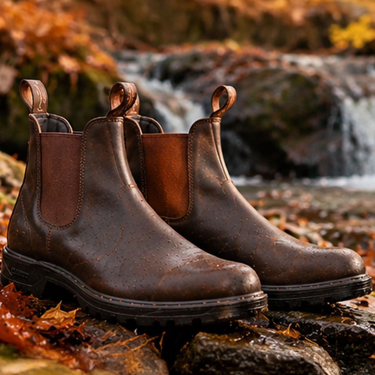 Pair of brown Blundstone Chelsea boots on rocks beside an autumn woodland stream