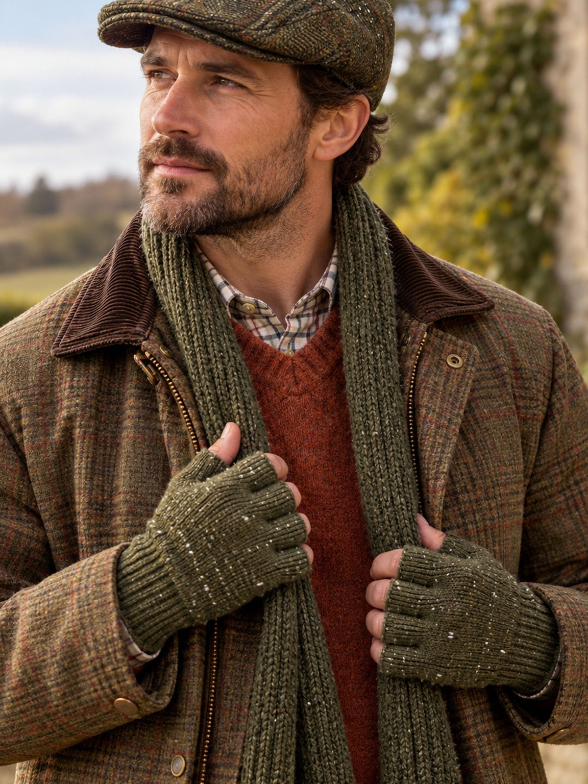 Man wearing Dents olive marl fingerless knitted gloves with tweed flat cap, waxed jacket and knitted scarf