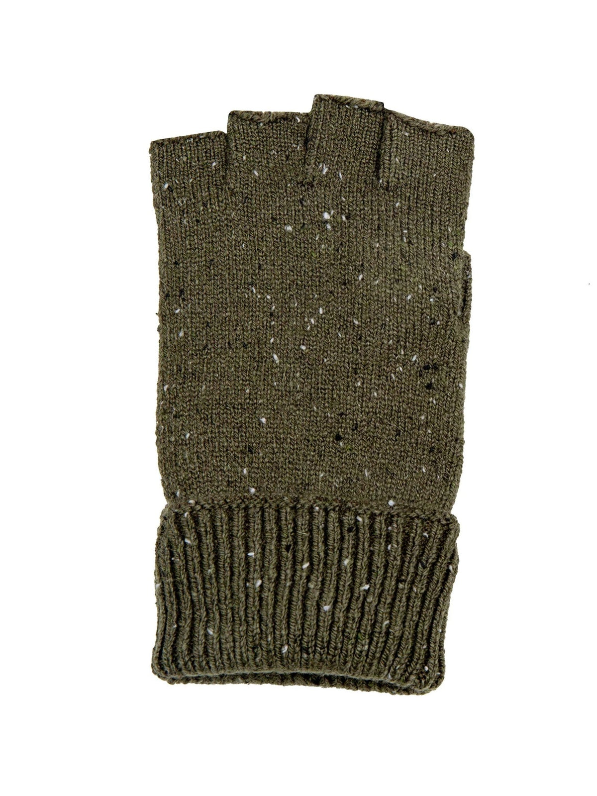 Dents men's olive marl fingerless knitted glove, single glove front view on white background
