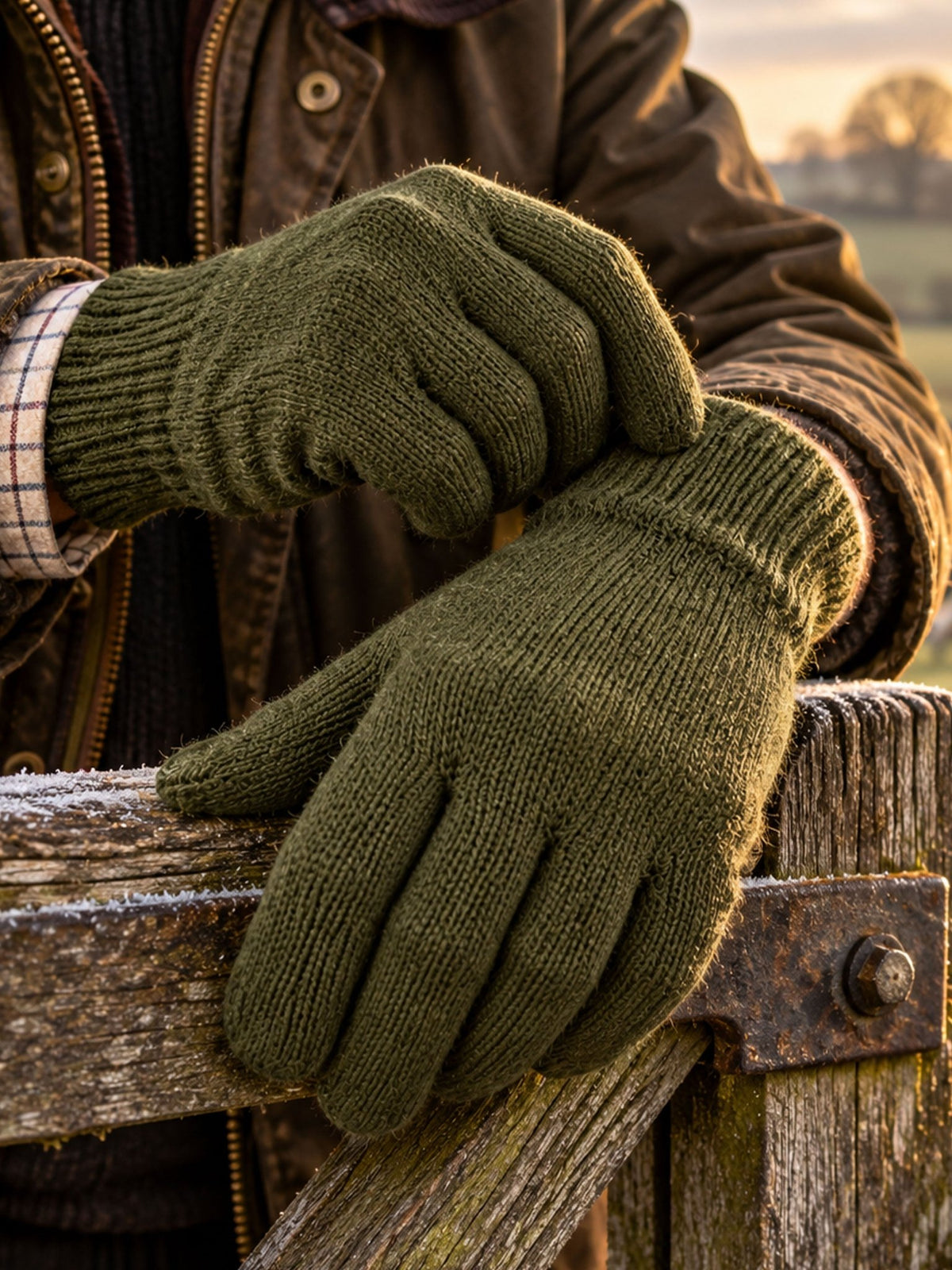 Dents Durham men's olive green Thinsulate knitted gloves, worn with waxed jacket on a wooden gate