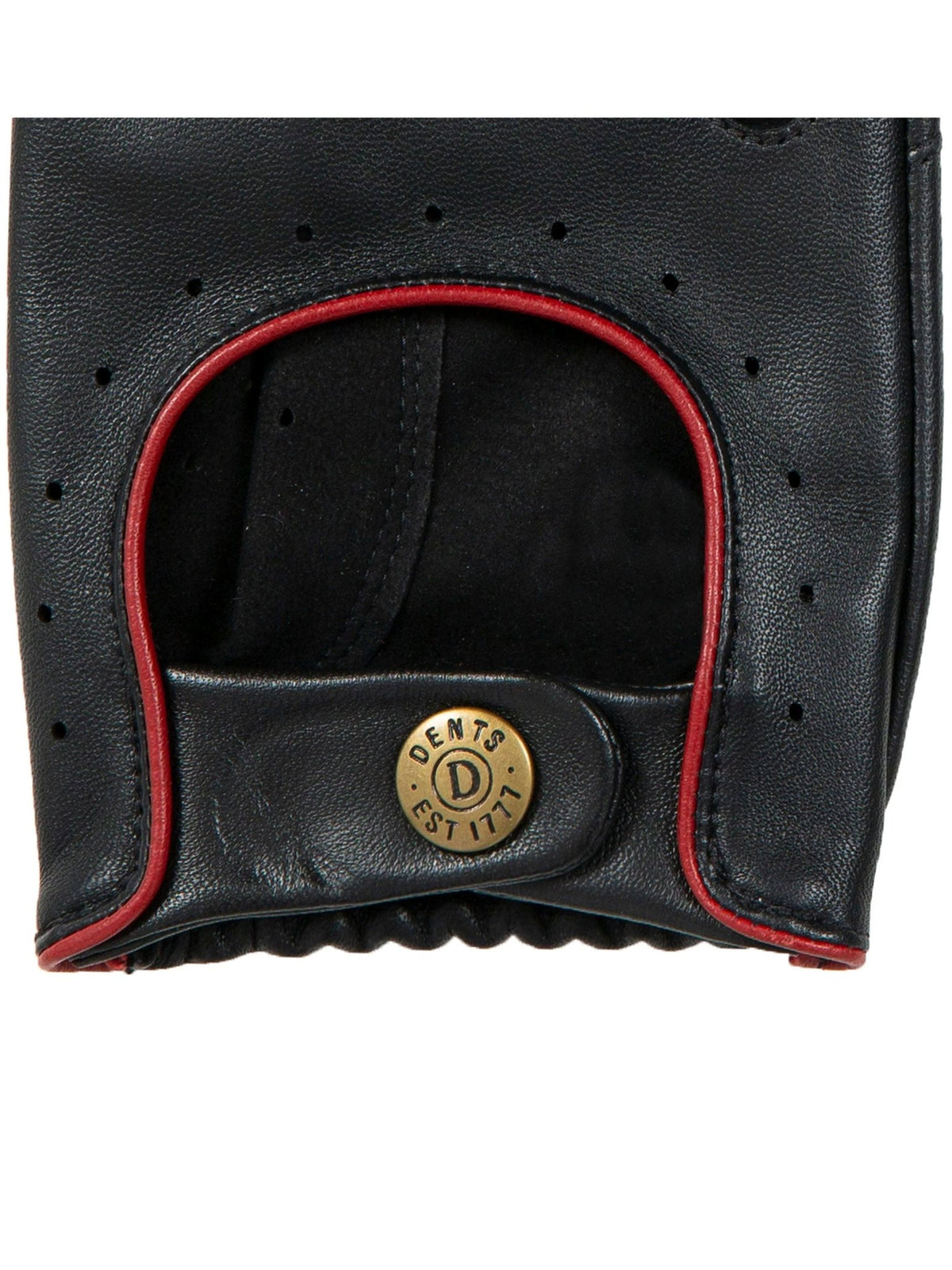 Dents Delta black leather driving glove, back of hand with perforated holes, berry red trim and gold snap