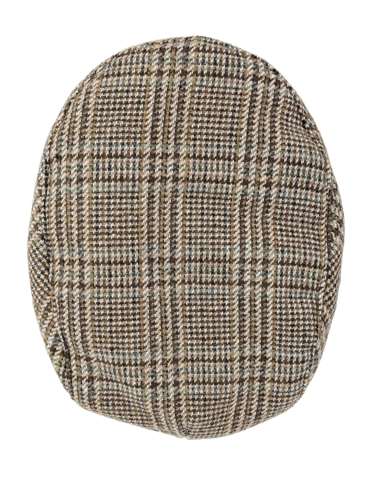 Dents brown glen plaid tweed flat cap, top view of the checked wool blend crown