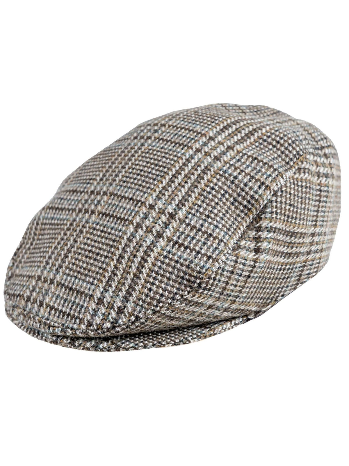 Dents men's brown glen plaid check tweed flat cap, front three-quarter view