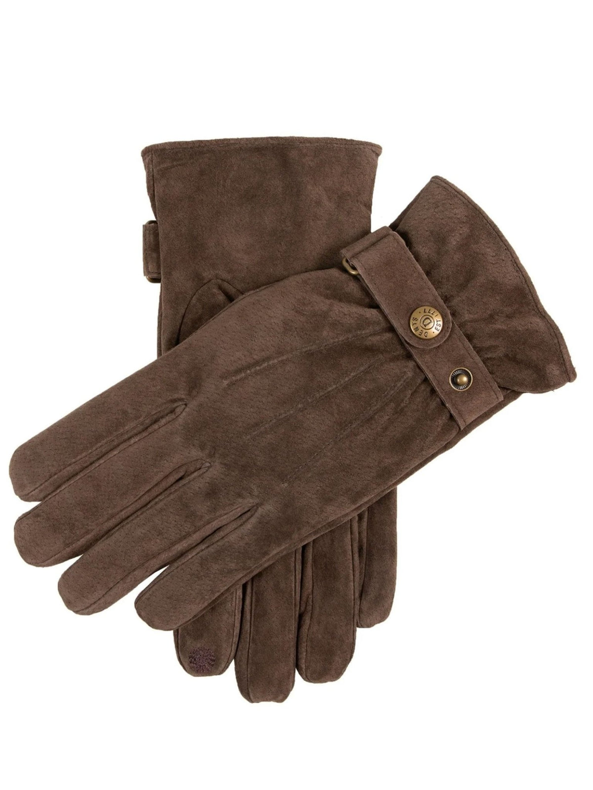 Dents men's brown water resistant suede gloves with fleece lining and button strap, on white background