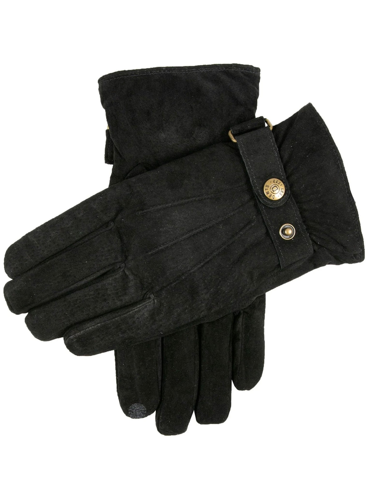 Dents men's black water resistant suede gloves with fleece lining and button strap, on white background