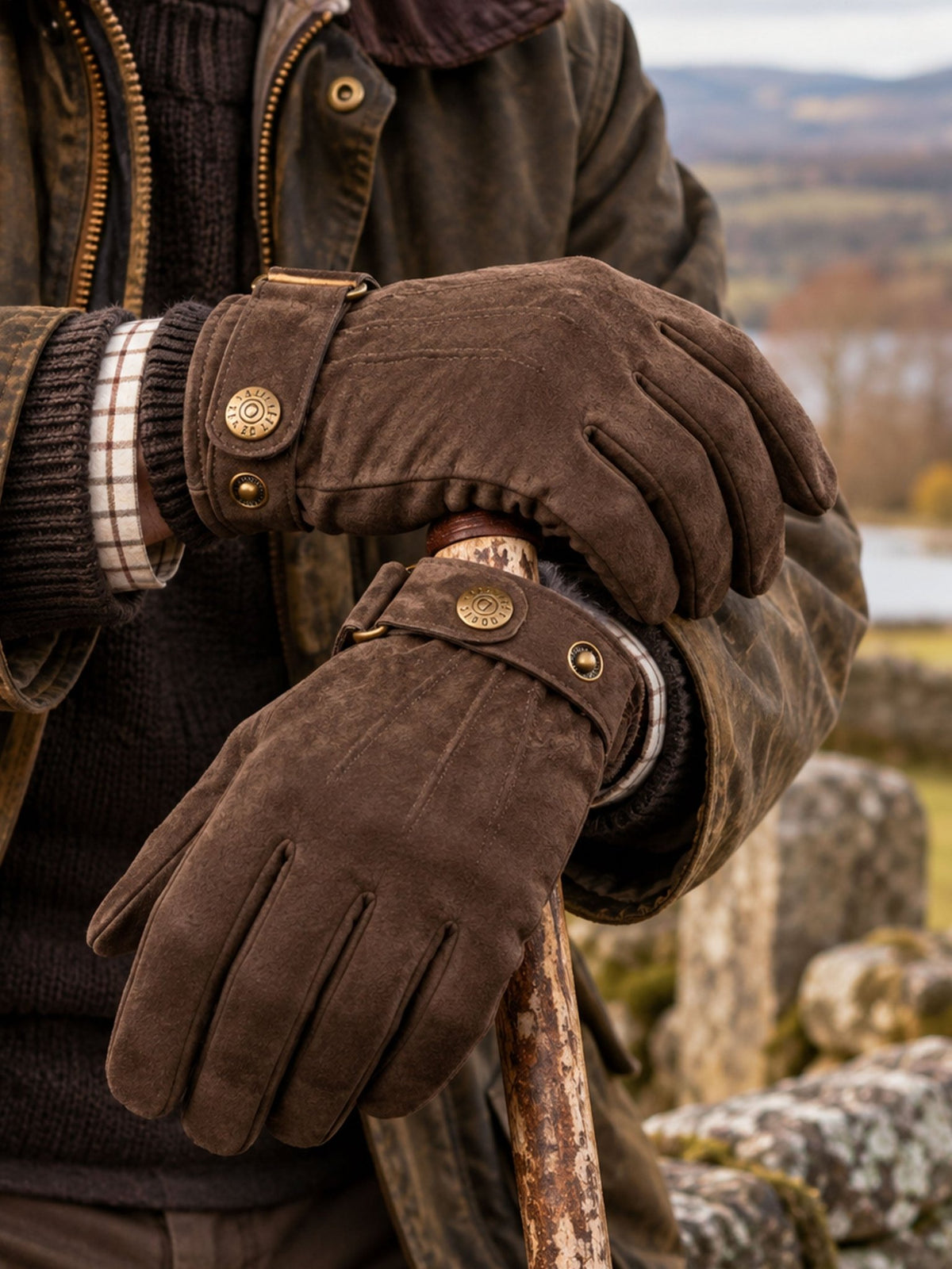 Dents men's brown touchscreen suede gloves, worn with waxed jacket and leaning on a walking stick