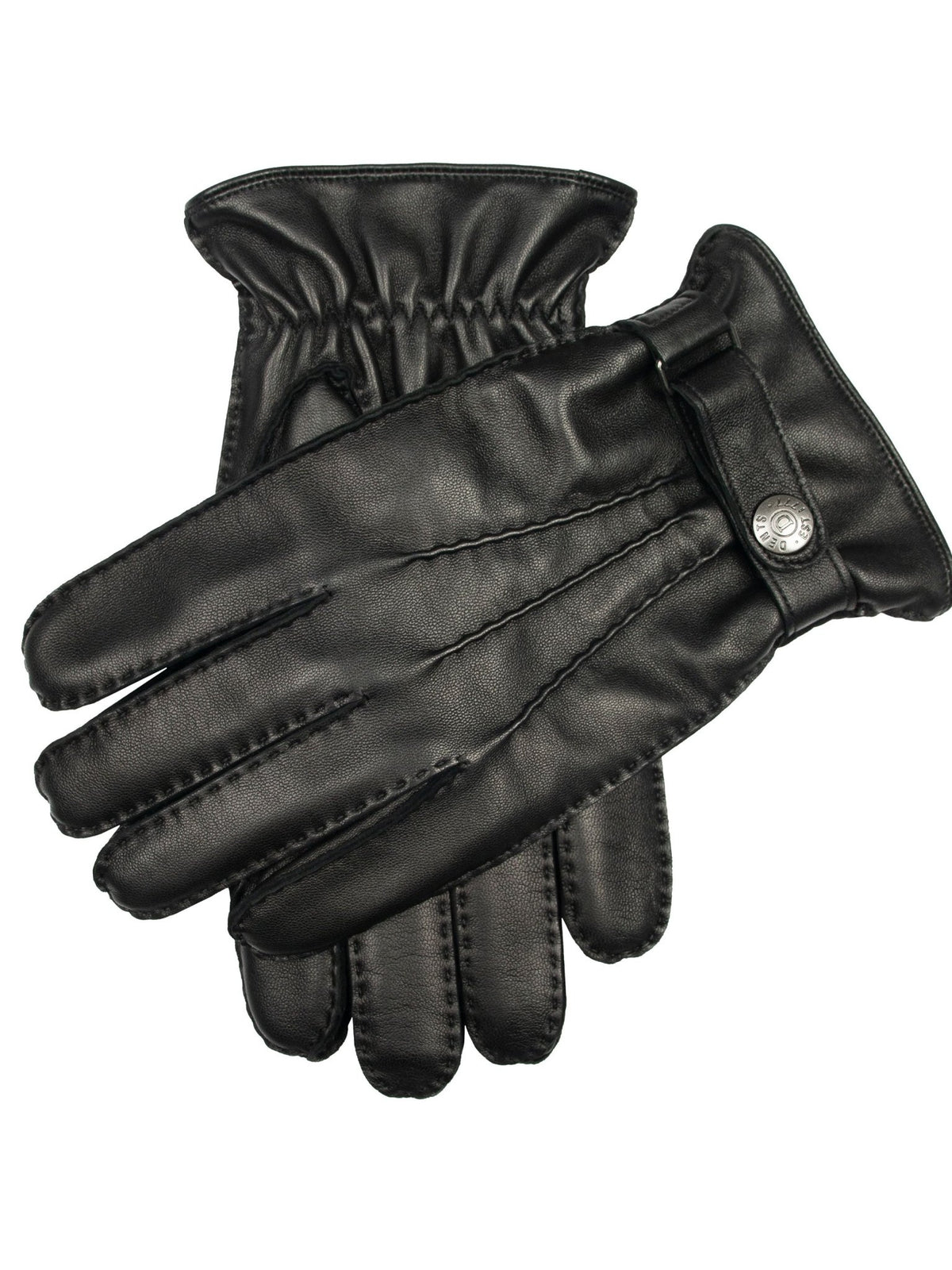 Dents Tetbury men's black handsewn leather gloves with gathered cuff and snap, on white background