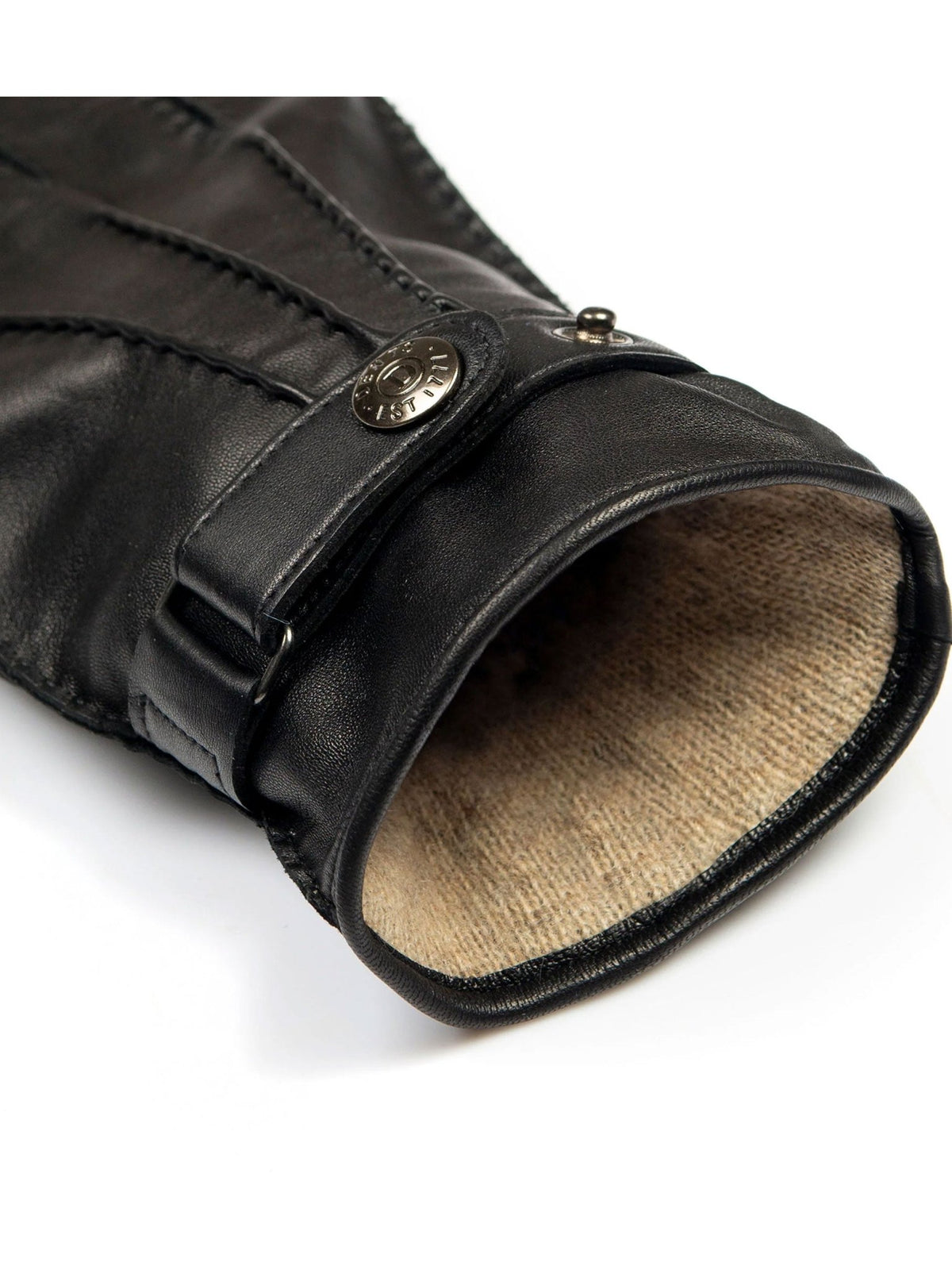 Dents Tetbury black leather glove showing wool and cashmere lining at the cuff