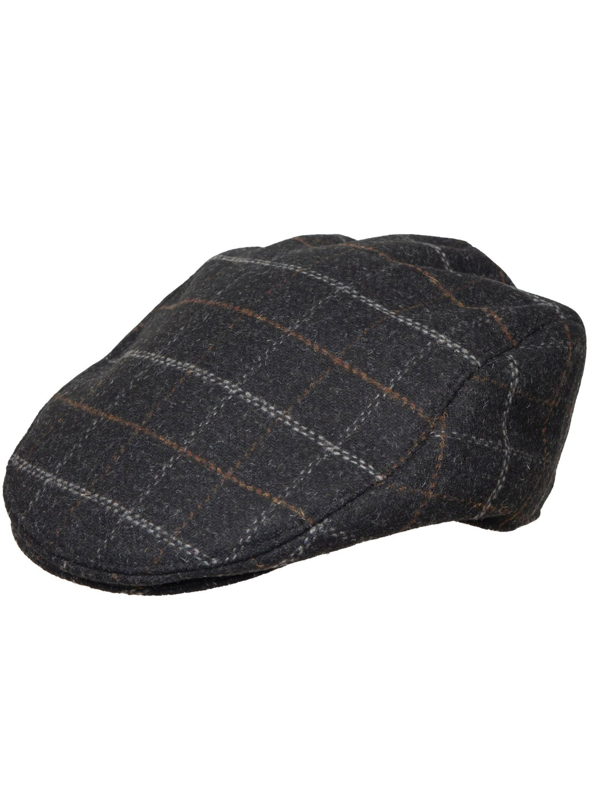Dents Colliford men's charcoal windowpane check tweed flat cap, side view