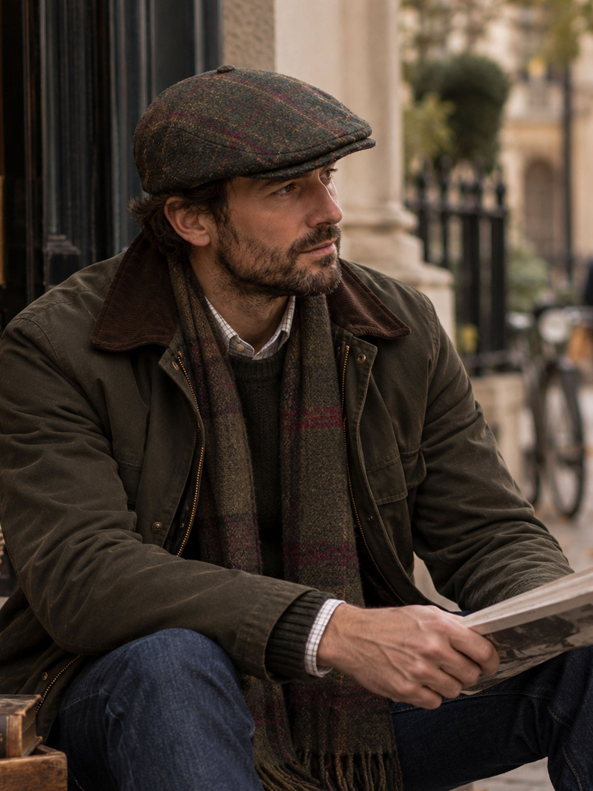 Dents Colliford men's olive windowpane check tweed flat cap, worn with dark jacket and scarf, seated holding a newspaper