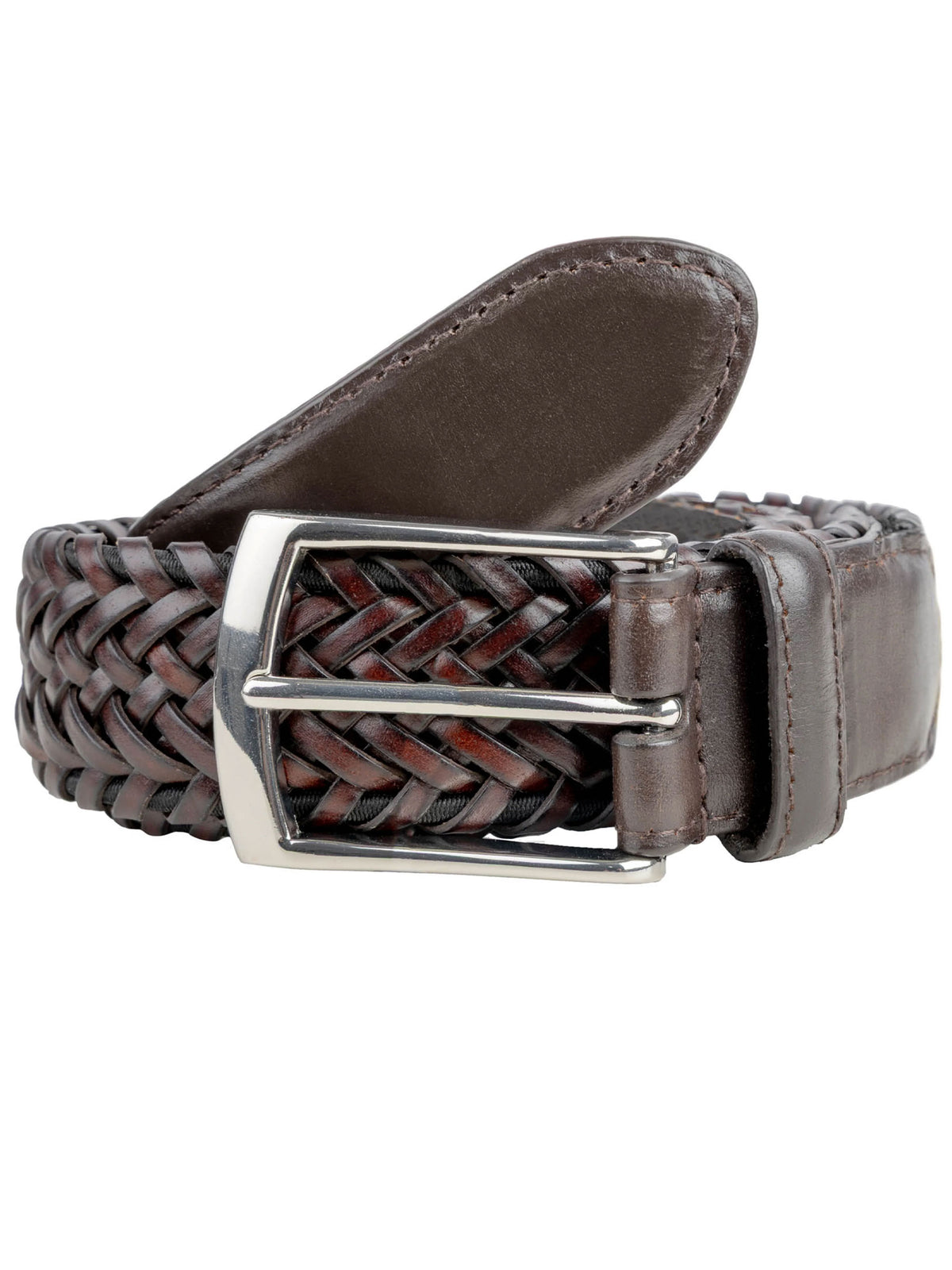 Dents men's brown plaited woven leather belt with nickel buckle, coiled on white background