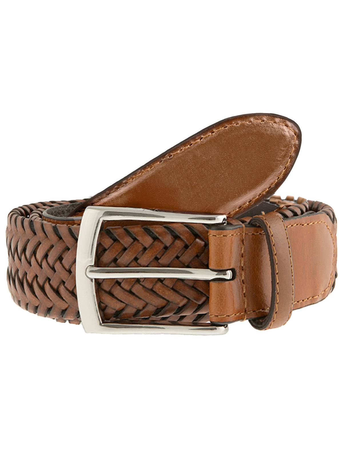 Dents men's tan plaited woven leather belt with nickel buckle, coiled on white background