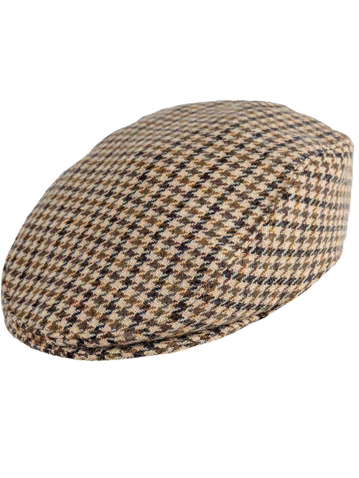 Dents Blashford men's brown dogtooth tweed flat cap, side view