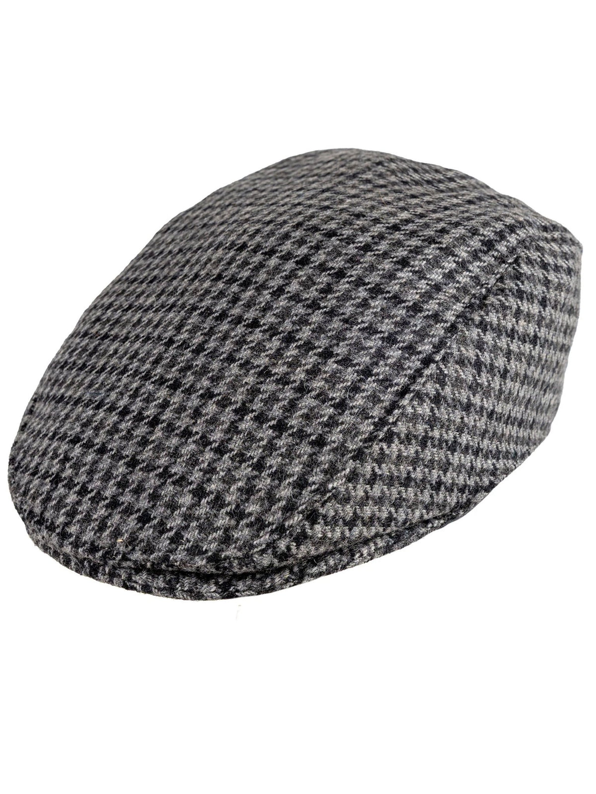 Dents Blashford men's charcoal dogtooth tweed flat cap, side view