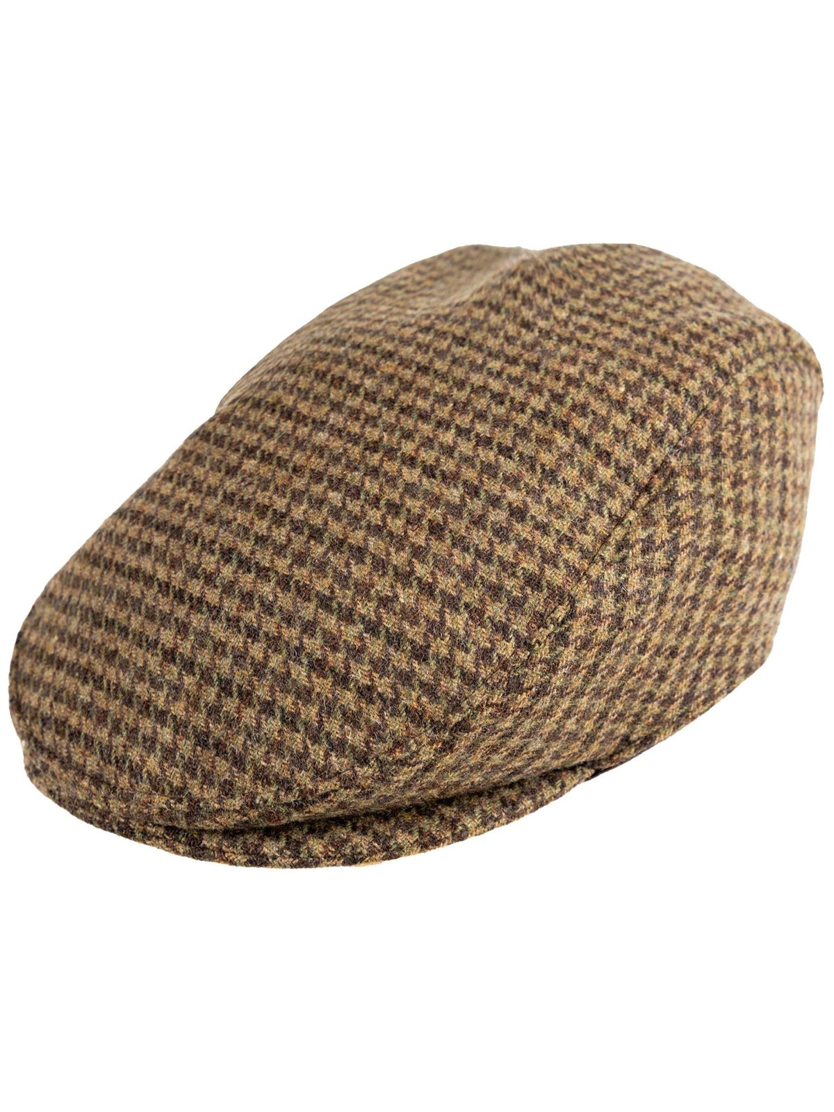 Dents Blashford men's chestnut dogtooth tweed flat cap, side view