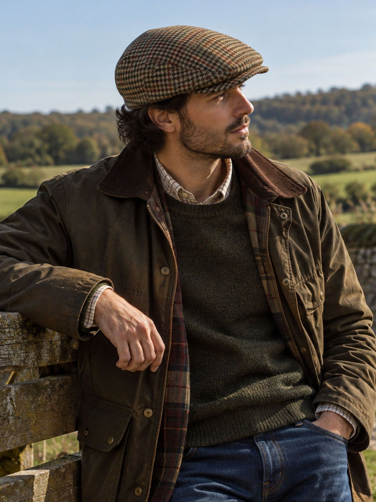 Dents Blashford men's chestnut dogtooth tweed flat cap, worn with waxed jacket and leaning on a fence