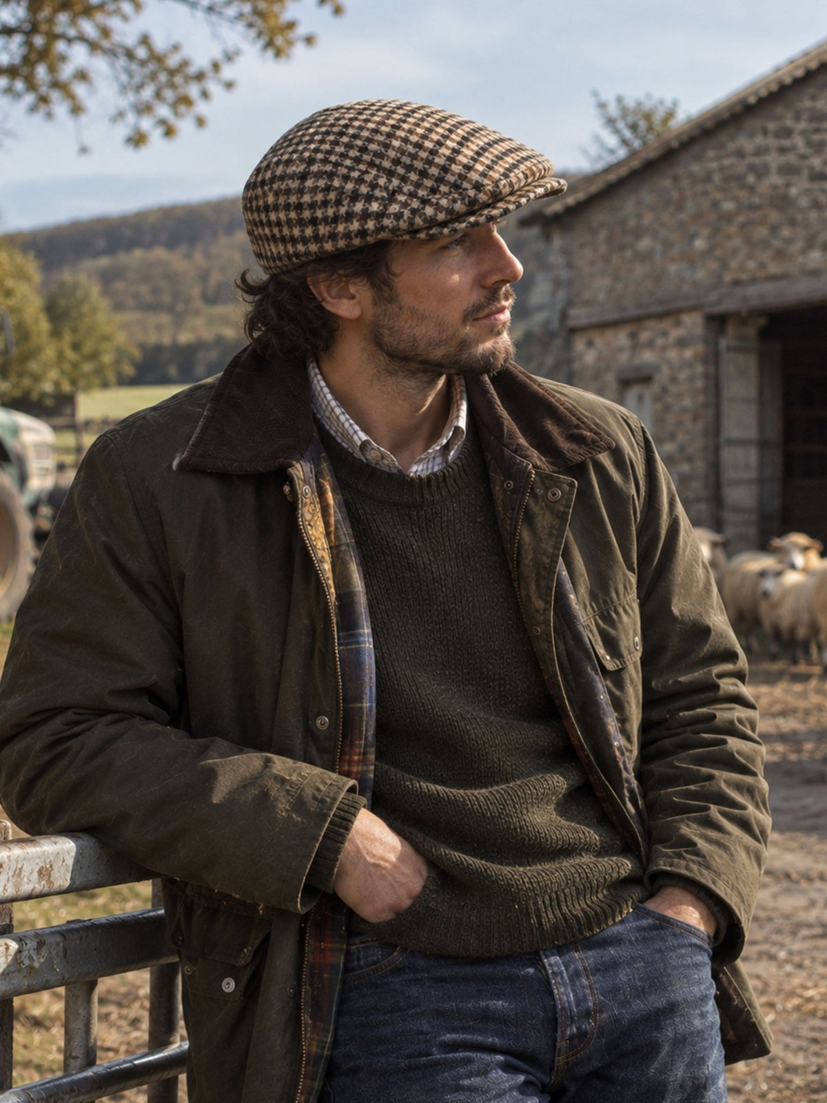 Dents Blashford men's brown dogtooth tweed flat cap, worn with waxed jacket outside a stone barn