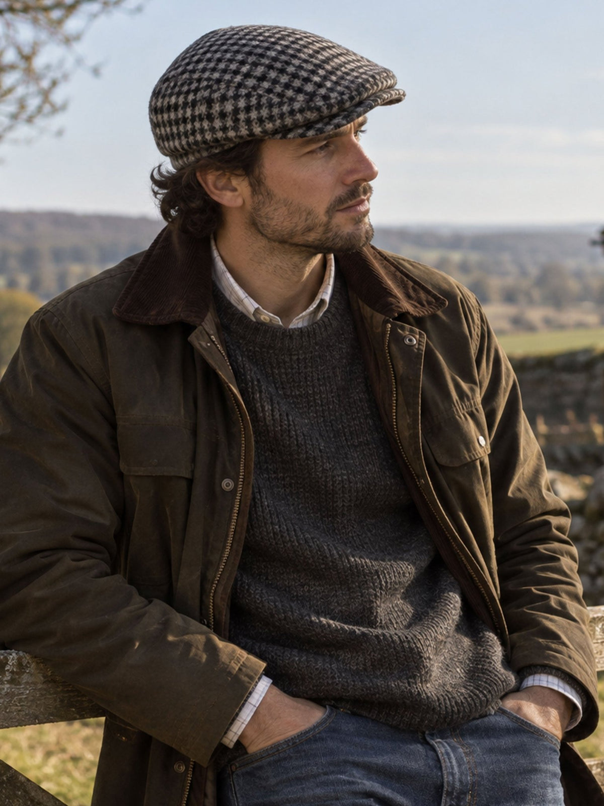 Dents Blashford men's charcoal dogtooth tweed flat cap, worn with olive waxed jacket in the countryside