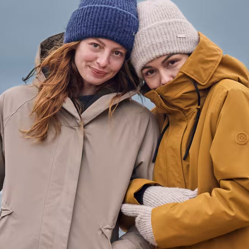 Two women wearing Didriksons winter parkas in yellow and brown with bobble hats