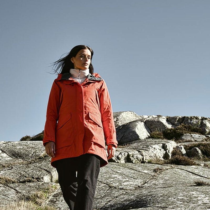 Woman wearing a Didriksons winter waterproof jacket on a walk