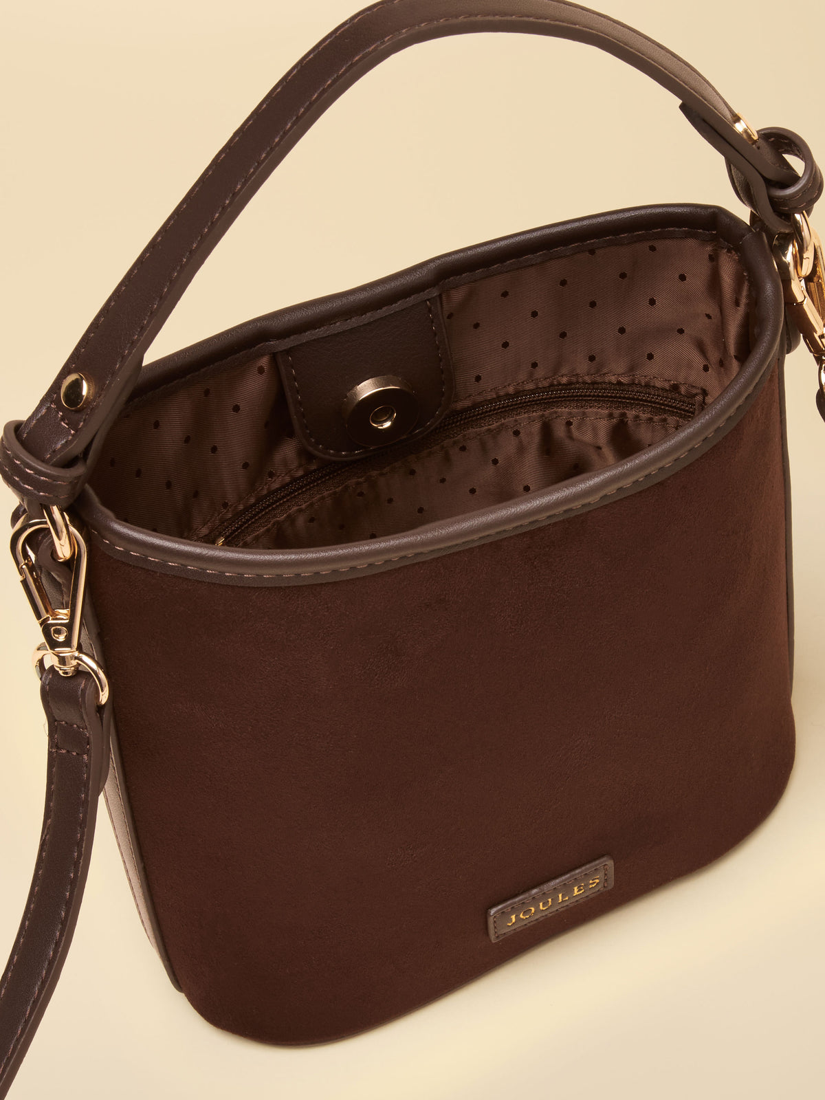 Joules women's chocolate faux suede bucket bag with removable cross body strap