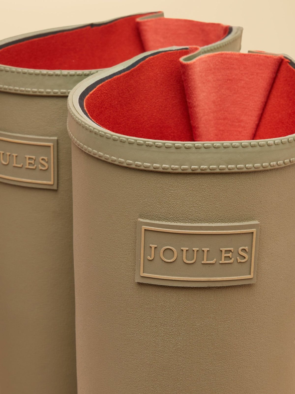 Joules Luxe womens khaki green tall wellington boots showing red neoprene lining at the top