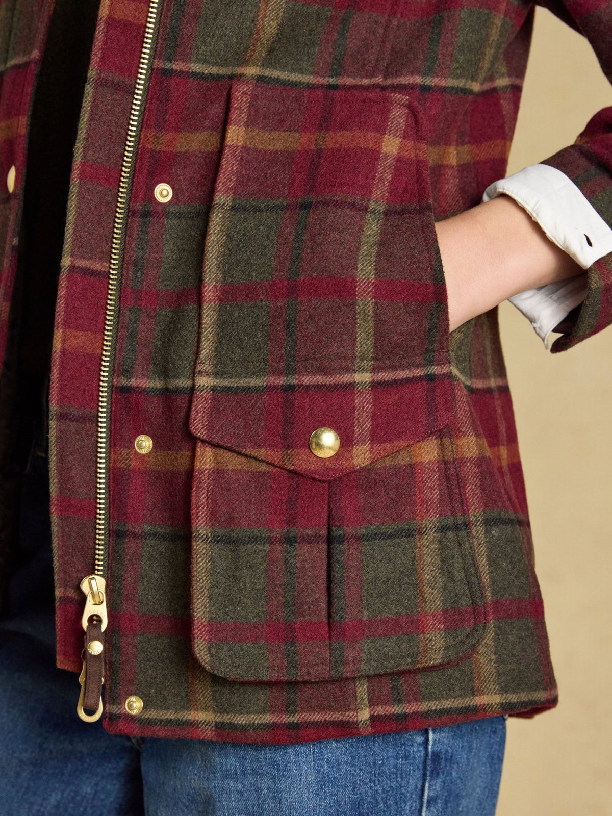 Joules ladies check wool fieldcoat flap patch pocket and handwarmer pocket, side detail view