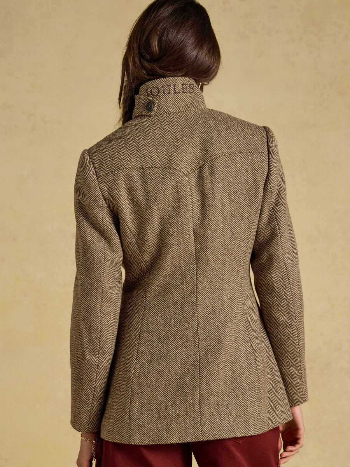 Joules Saddlebury women's brown herringbone tweed hacking jacket, back view