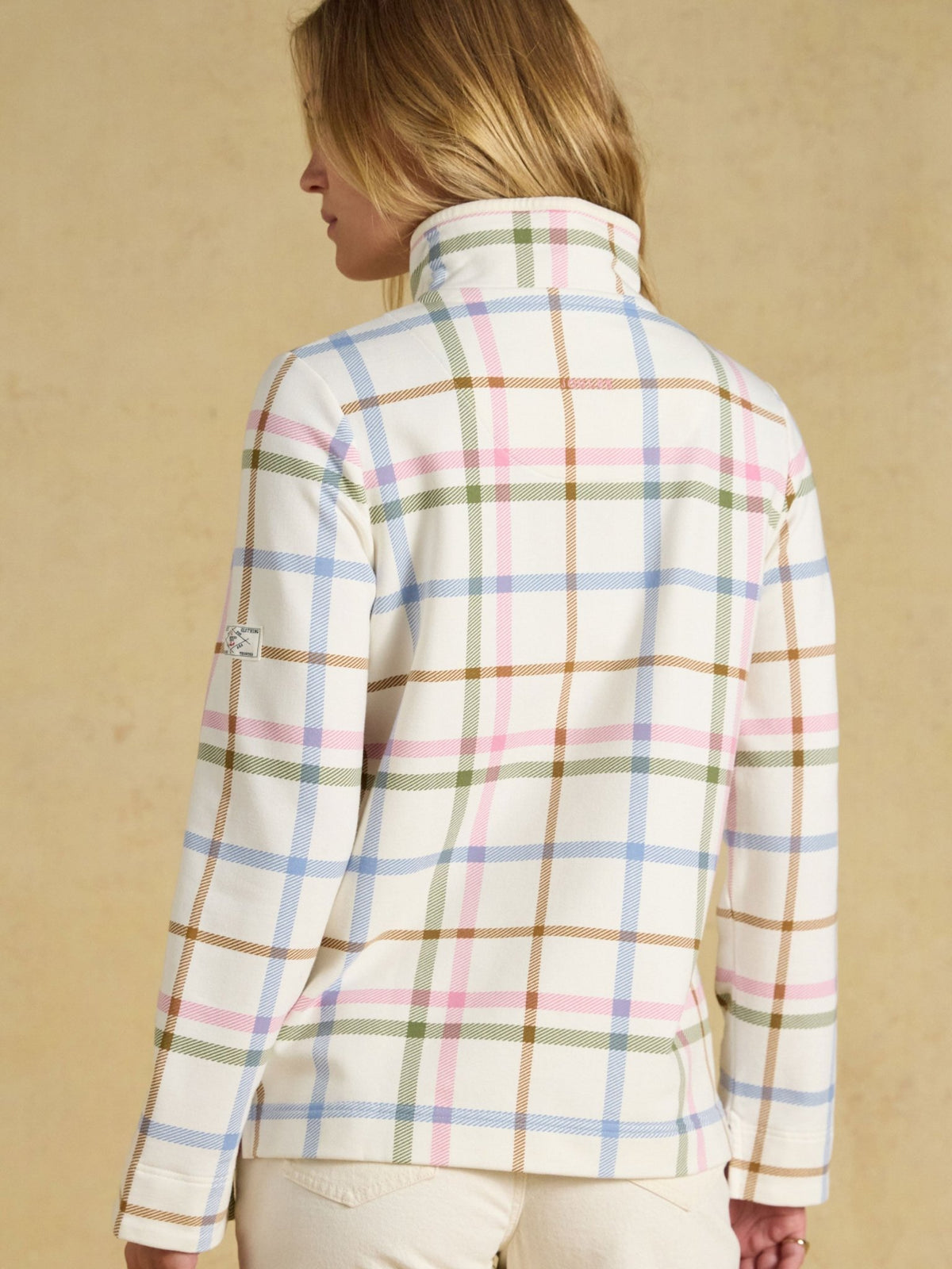 Joules Saunton ladies funnel neck sweatshirt in cream madden check, view 8
