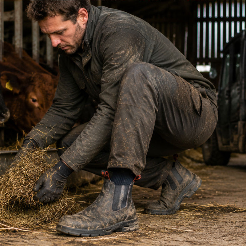 A man in muddy dark work clothes crouches beside a feeding trough in a barn, reaching for hay while cows stand in the stall on the left and a utility vehicle is parked in the background.