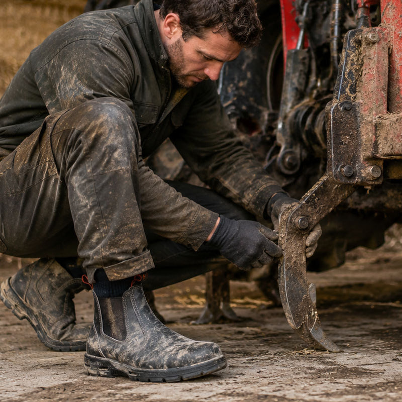 A man in muddy work clothes crouches beside a large tractor wheel in a barn, working on the undercarriage. Hay bales and a dirt floor are visible in the background.