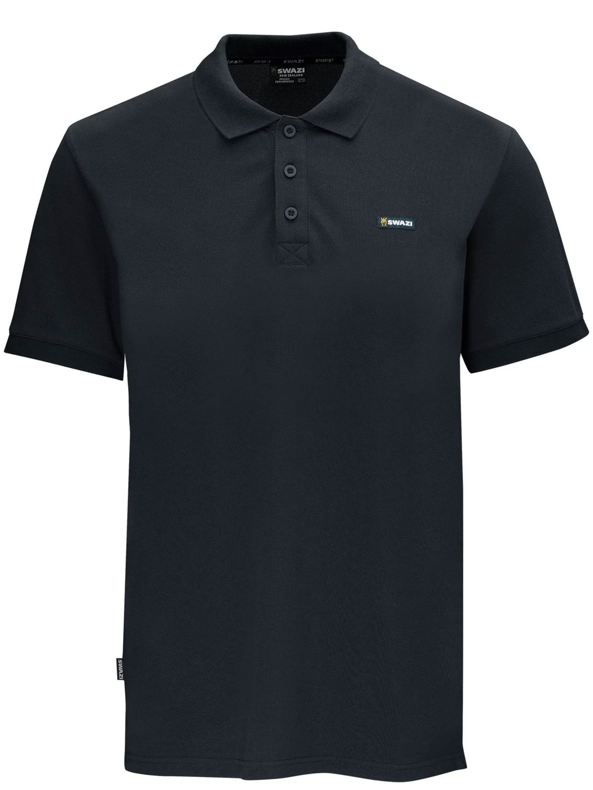 Swazi men's black cotton piqué polo shirt, front view