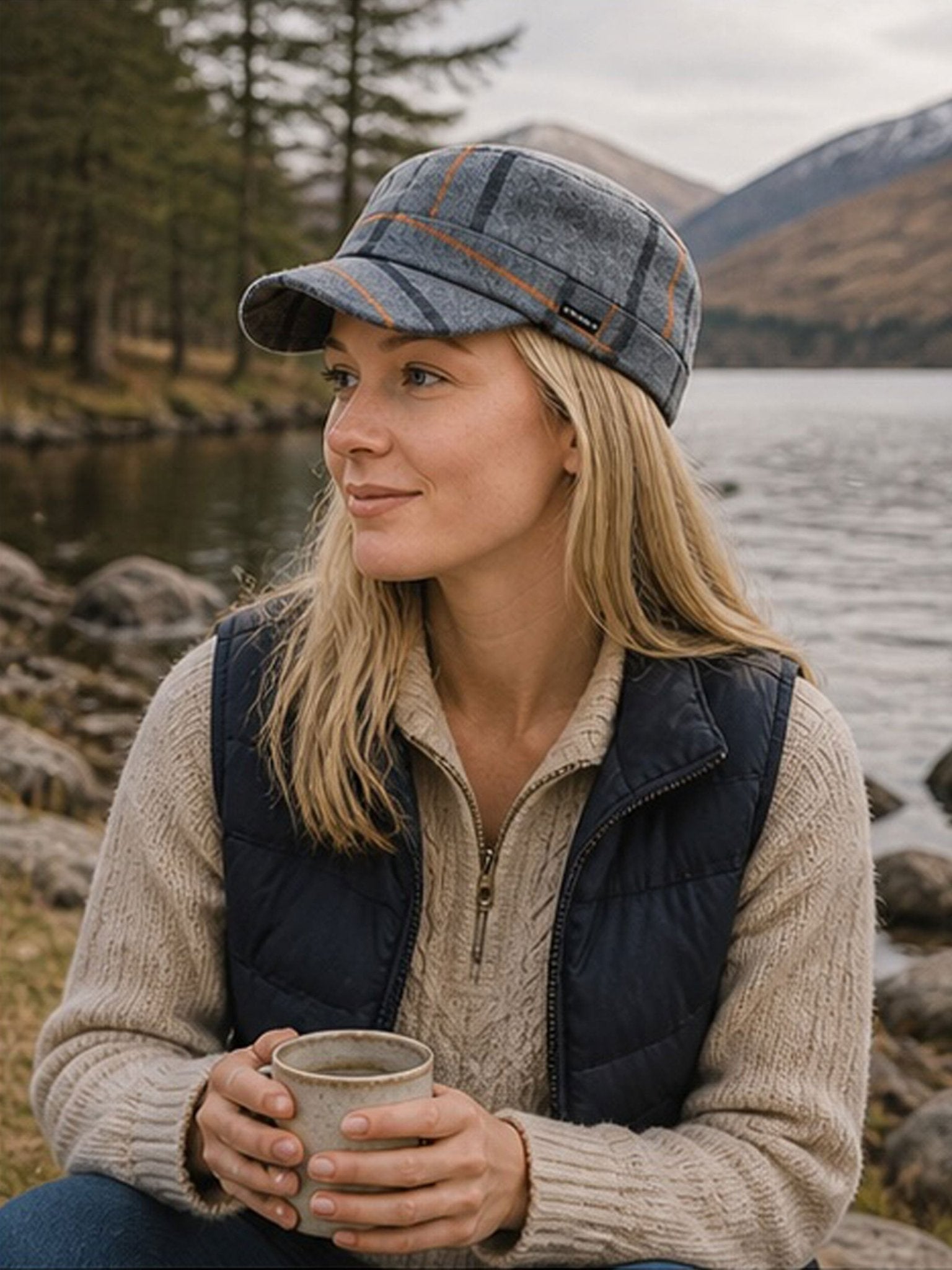 Craggi Grey Tweed Newsboy Cap Country Hat Grey Check Plaid military style Cap CRAGGI Hats