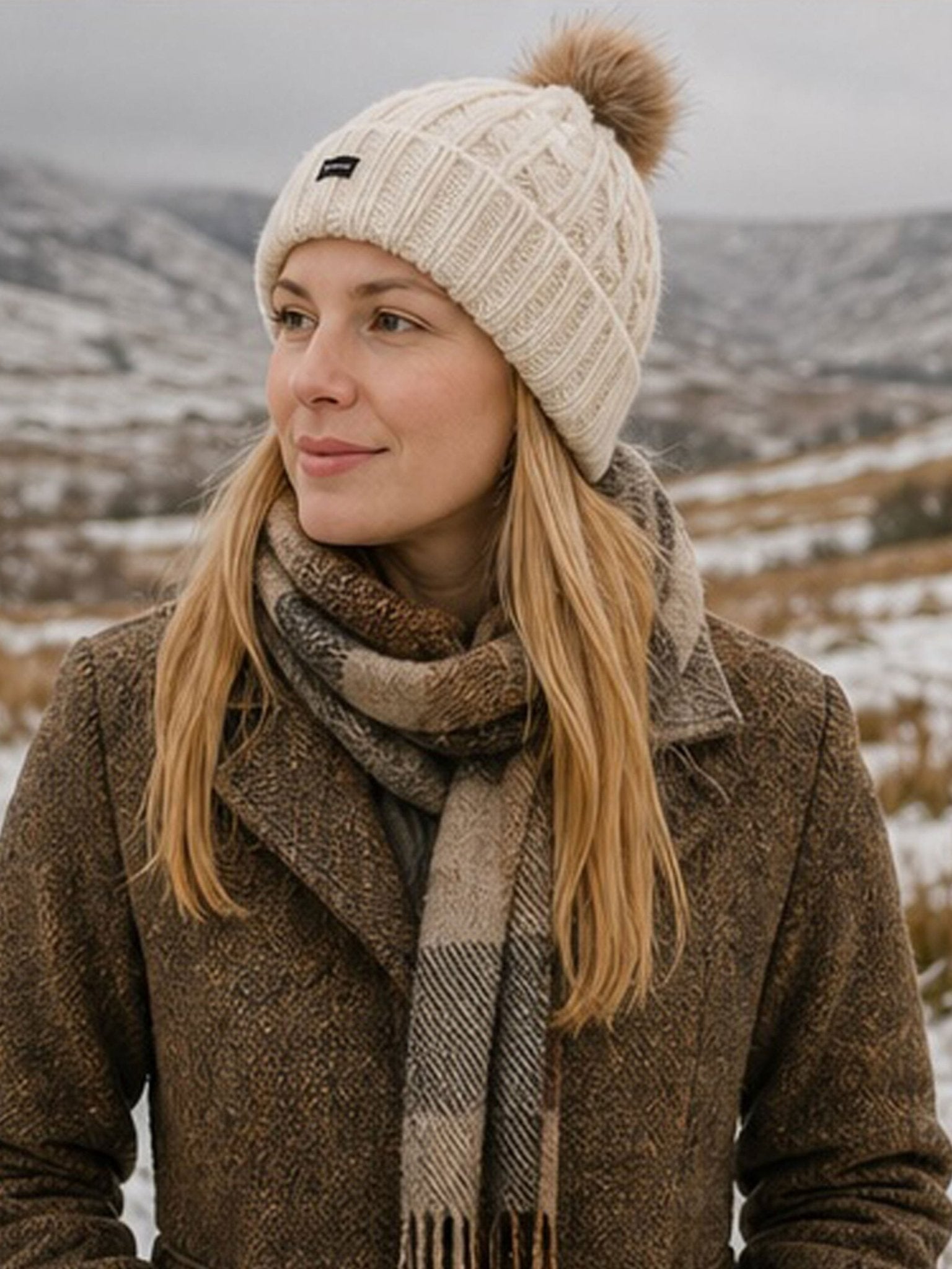 Craggi Ladies Bobble Hat Cream Knitted Pom Beanie Womens Ski Hat CRAGGI Hats